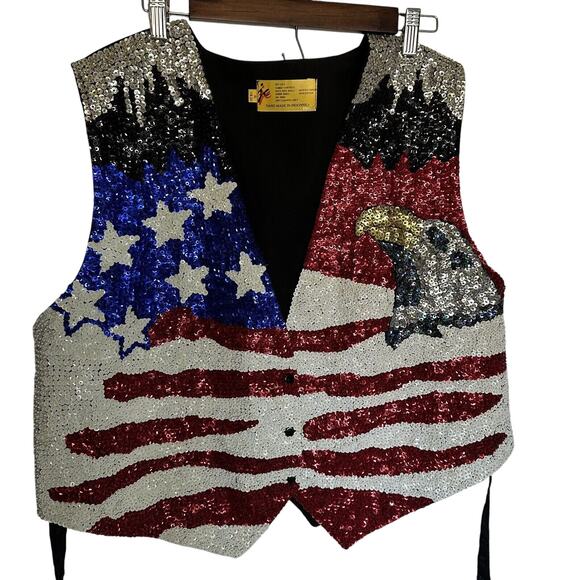 USA Sequined Vest Americana Patriotic Red White Blue Flag Eagle XL July 4 16 - Picture 1 of 6